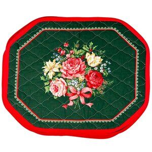 Vintage Quilted Floral Placemats Reversible Dark Green & Red 14 x 18 Set of 8